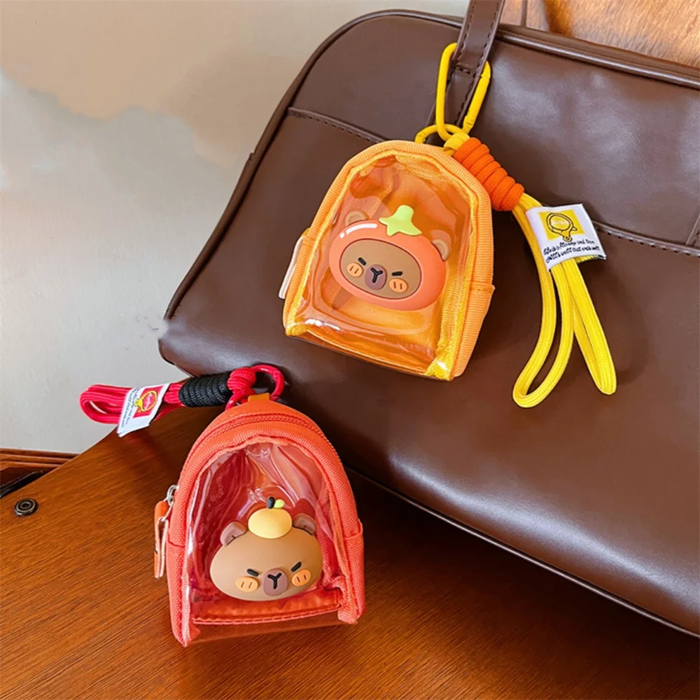 Capybara Transparent Pouch Keychain Panda Cartoon Doll Outdoor Storage Bag Cute Handle Rope Mini Coin Purse Girls Earphone Case