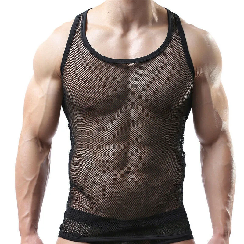 

Sexy Mens Undershirts Underwear Tank Tops Breathable See Through Mesh Sleeveless Shirt T-shirts Slim Fitness Vest Men Homewear