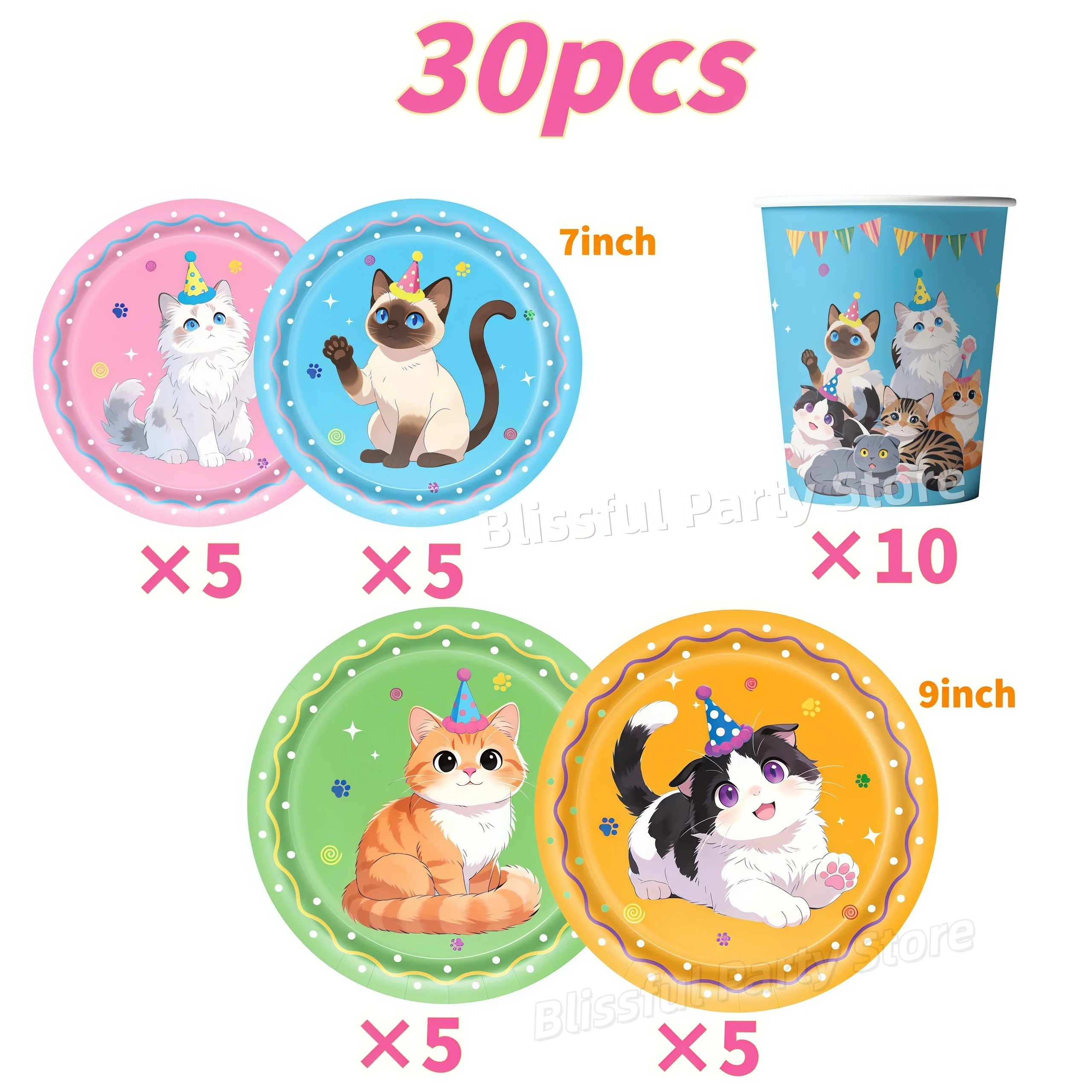 Haustier-Katzen Geburtstagsparty Dekoration Niedliches Kätzchen Tischgeschirr-Set Tasse Teller Tischdecke Katzen-Thema Ballon Kinder-Partyartikel Babyparty-Zubehör – Detail 21