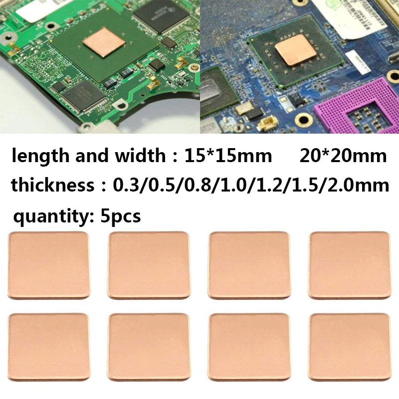 5pcs 0.3mm-2mm Thickness DIY Copper Heatsink Thermal Pad Heatsink for Laptop GPU CPU Chip Cooler