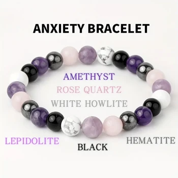 Stress Relief Bracelet: Amethyst, Black Tourmaline, Clear Quartz, Hematite, Lepidolite, Rose Quartz and White 8mm Round Crystal