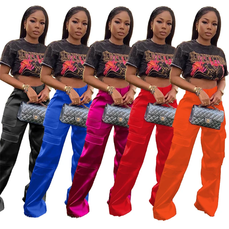 Silky Satin Pockets Cargo Pants Women Streetwear High Waist Button Fly  Straight Trousers Fashion Boutique Clothing Wholesale - Pants & Capris -  AliExpress