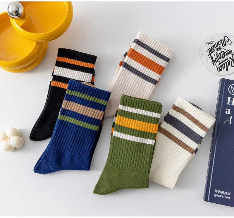 5 Pairs Men Autumn And Winter Striped Sports Socks Comfortable Breathable Wear-resistant Warm Polyester Cotton Mid Tube Socks 14 S8b557baf25d44073a4b775f35f6cca26a
