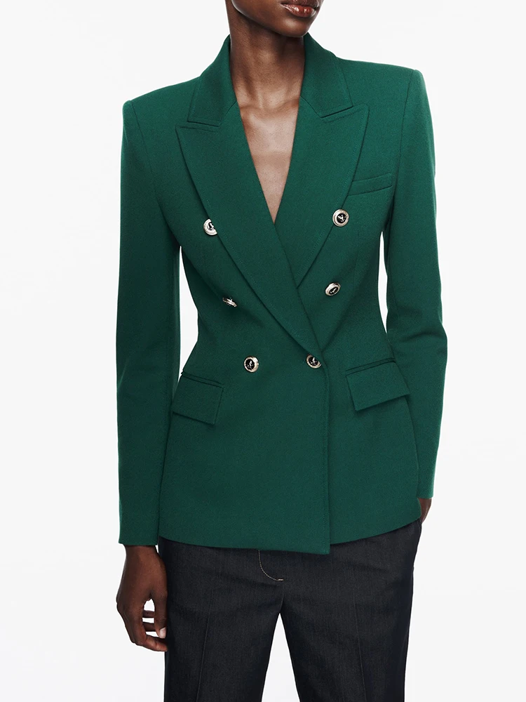 

Fashion Solid Woman Blazer With Pockets Notched Collar Long Sleeve Double Breasted Women's Jackets Fashion Office Lady Coats New