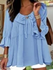 Plus Size Solid Color Ruffle Sleeve V-Neck Top 2025 Autumn and Winter New Long Sleeve Fashion Tie Tops Autumn Best Choice