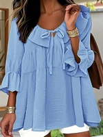 Plus Size Solid Color Ruffle Sleeve V-Neck Top 2025 Autumn and Winter New Long Sleeve Fashion Tie Tops Autumn Best Choice