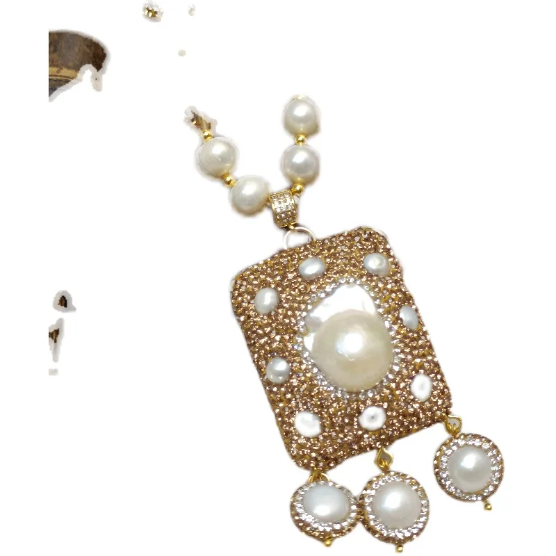 

white freshwater pearl zircon pendant necklace 80cm