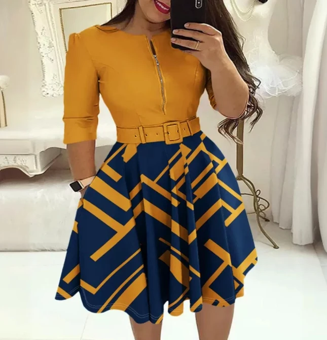

Women's Dress Casual Summer Fashion Zipper Design Round Neck Half Sleeve Belt High Waist Geometric Print A-line Mini Dress