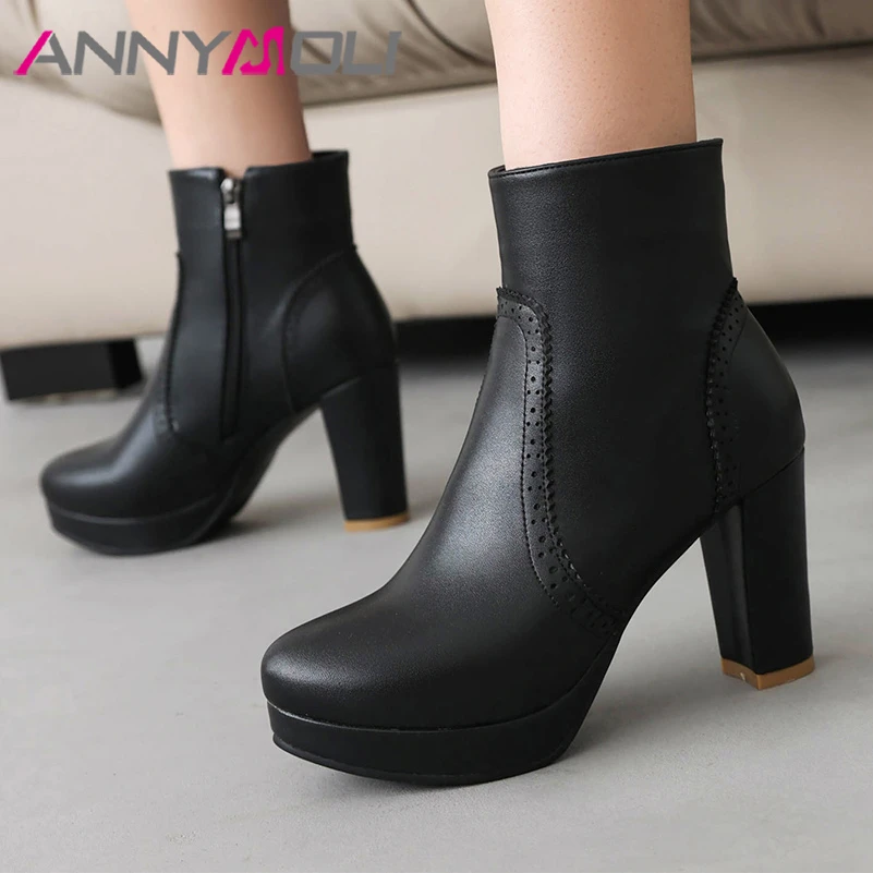 

ANNYMOLI Women Ankle Boots Round Toe Platform Thick High Heels Zipper Short Boots Concise Ladies Fashion Shoes Winter Khaki 46