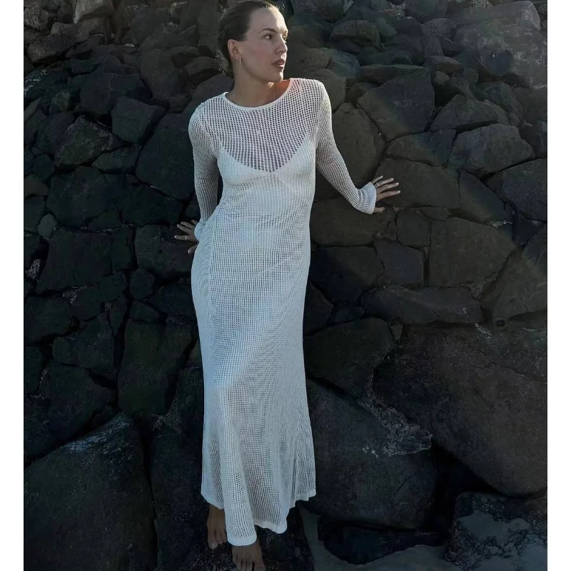 

2023 Elegant Hollow Out Knit Maxi Dress for Women Summer Beachwear Holiday Long Sleeve Cover-Ups Long Dresses