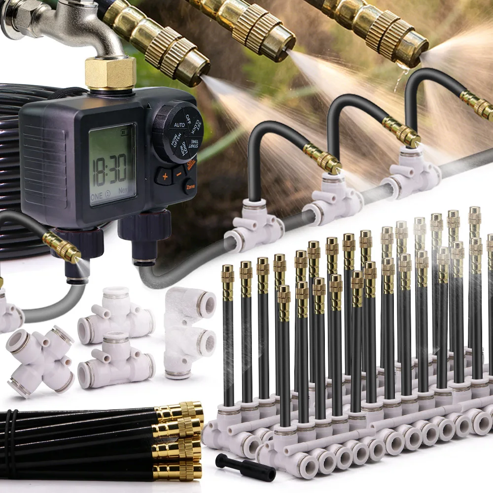 Automatic Timed Watering System w/ LCD Water Timer 5/8mm PE Hose Sprayer Kit for Outdoor Garden Lawn Patio Plant Misting Cooling