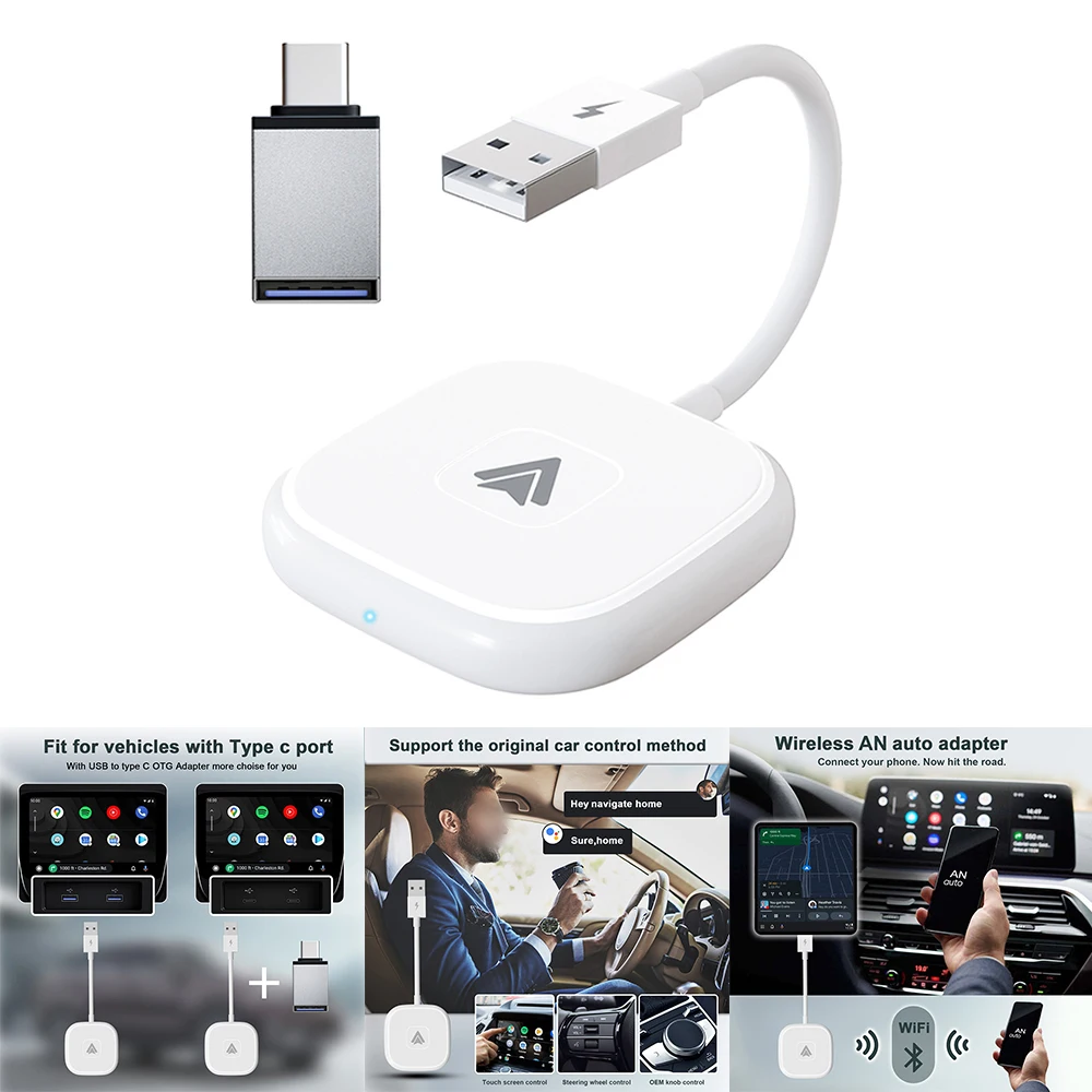 

Беспроводной адаптер для автомобиля AI Box, автомобильный адаптер преобразует проводной автомобиль в беспроводной Белый Android-автомобильный Bluetooth Smart Box