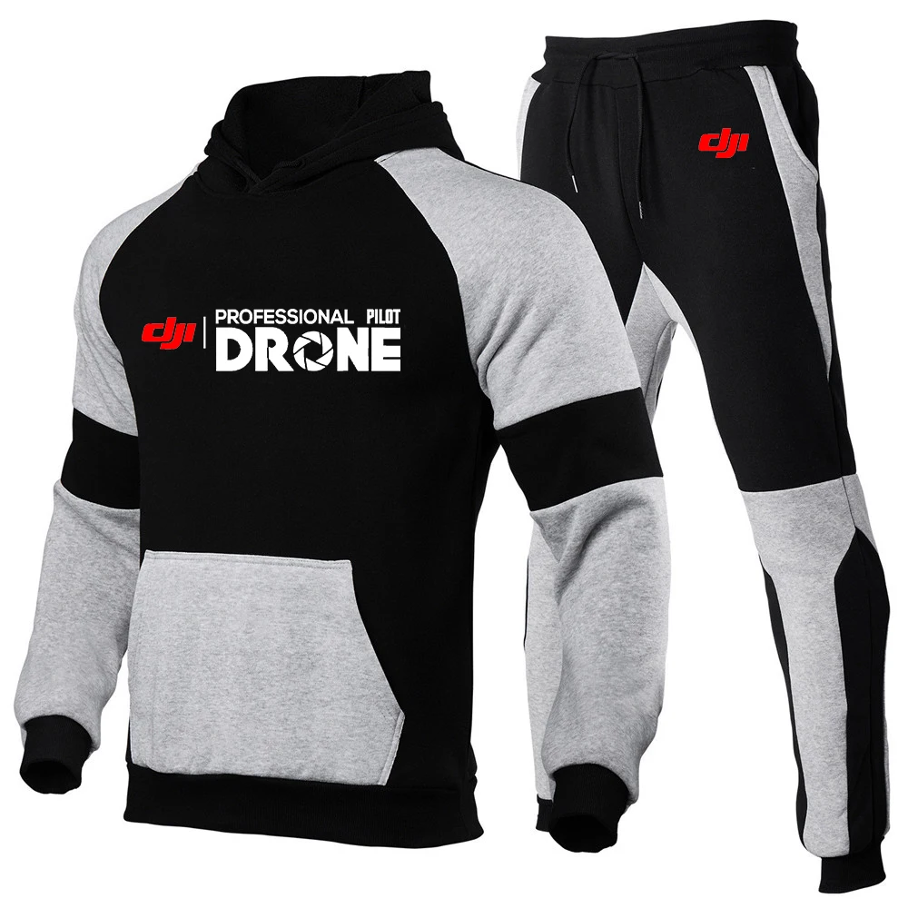 2024 New Men Dji Professional Pilot Drone Printing High-Quality Suits Solid Color Multiple Same Style Sweater + Sweatpants Sets 2