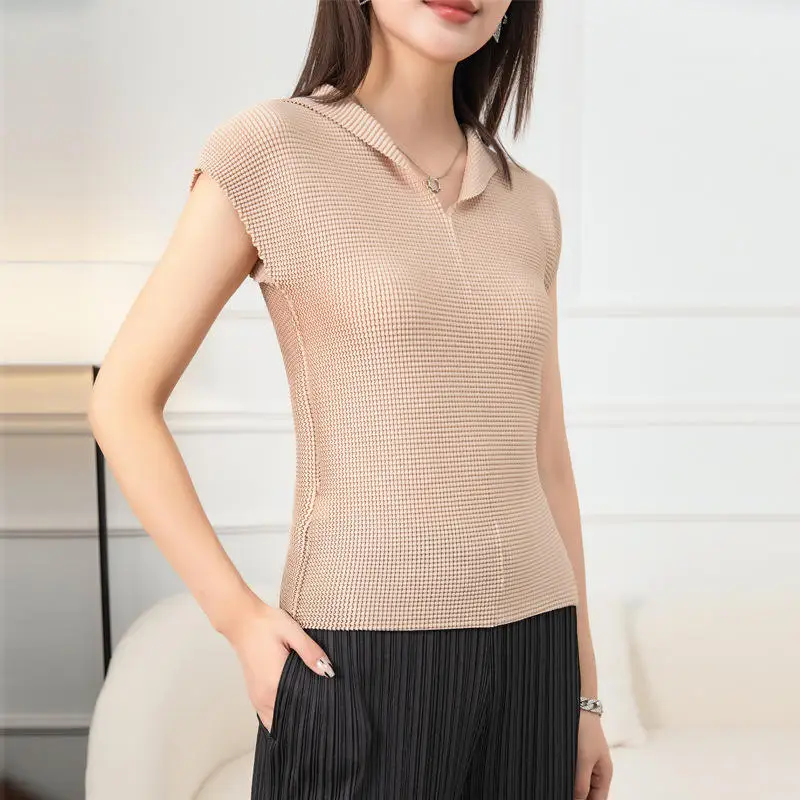 

Pleated short sleeve lapel temperament T shirt women's new stretch slim top