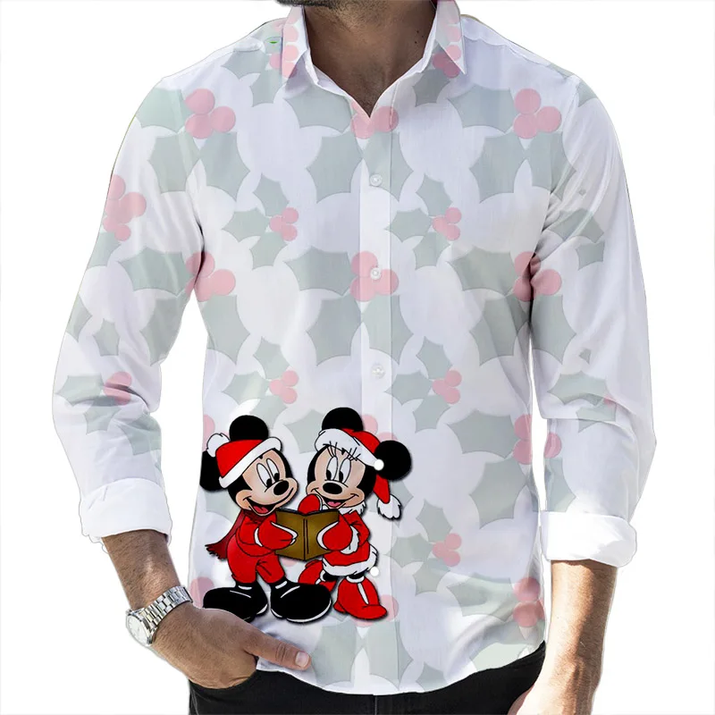 

New Christmas Fall Popular Disney Brand Mickey and Winnie the Pooh Anime 3D Printed Long Sleeve Lapel Shirt Slim Fit Men's Top