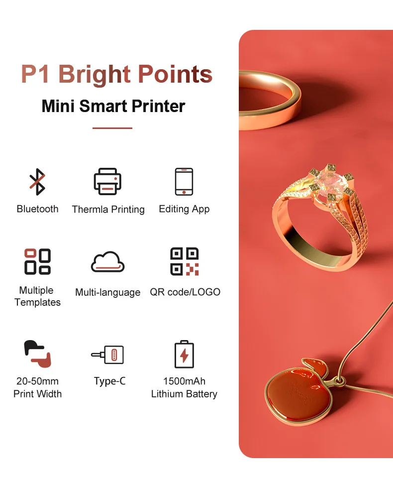 Self-adhesive Jewelry Label for DETONGER P1 Mini Portable Thermal Label Printer Wireless Inkless Logo Sticker Printer