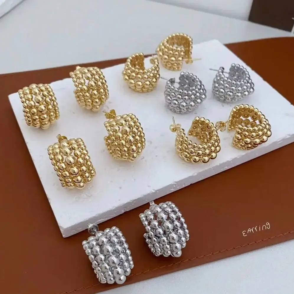 

5Pairs ,18k Gold Plated Beads Stud Earrings Vintage C Shape Hoop Earring Fashion Women Party Accessories