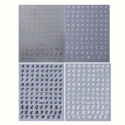 Vintage Alphabet Nail Art Stickers - 3D Self - Adhesive Design in Black, White, Gold, and Silver (4/8 Sheets) (4 sheets)