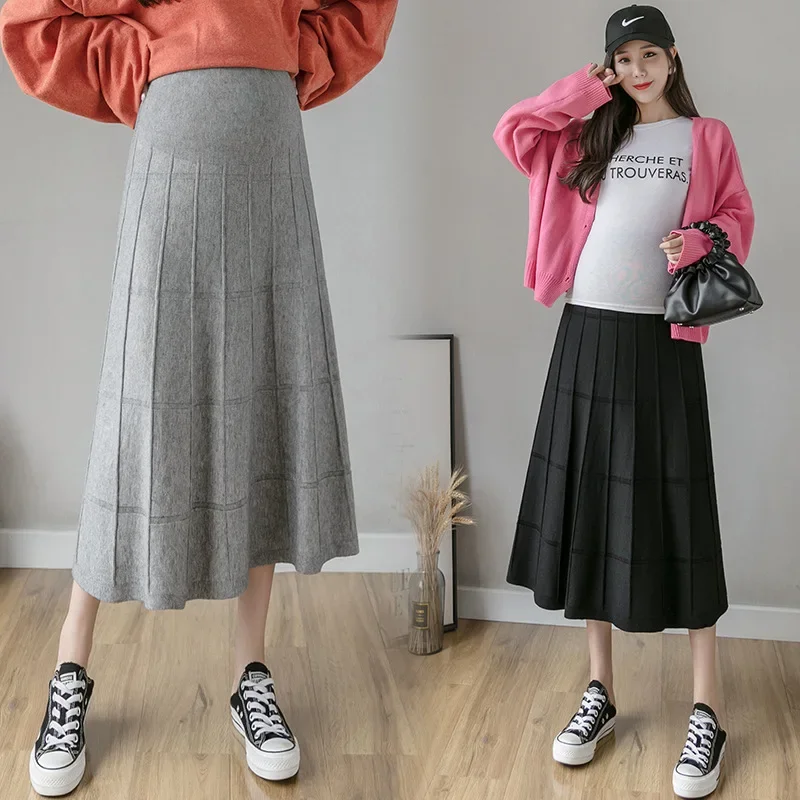 Maternity Skirt Autumn Winter Plaid A- Line Maxi Skirt Belly Support High Waist Base Layer Long Outerwear Spring Summer