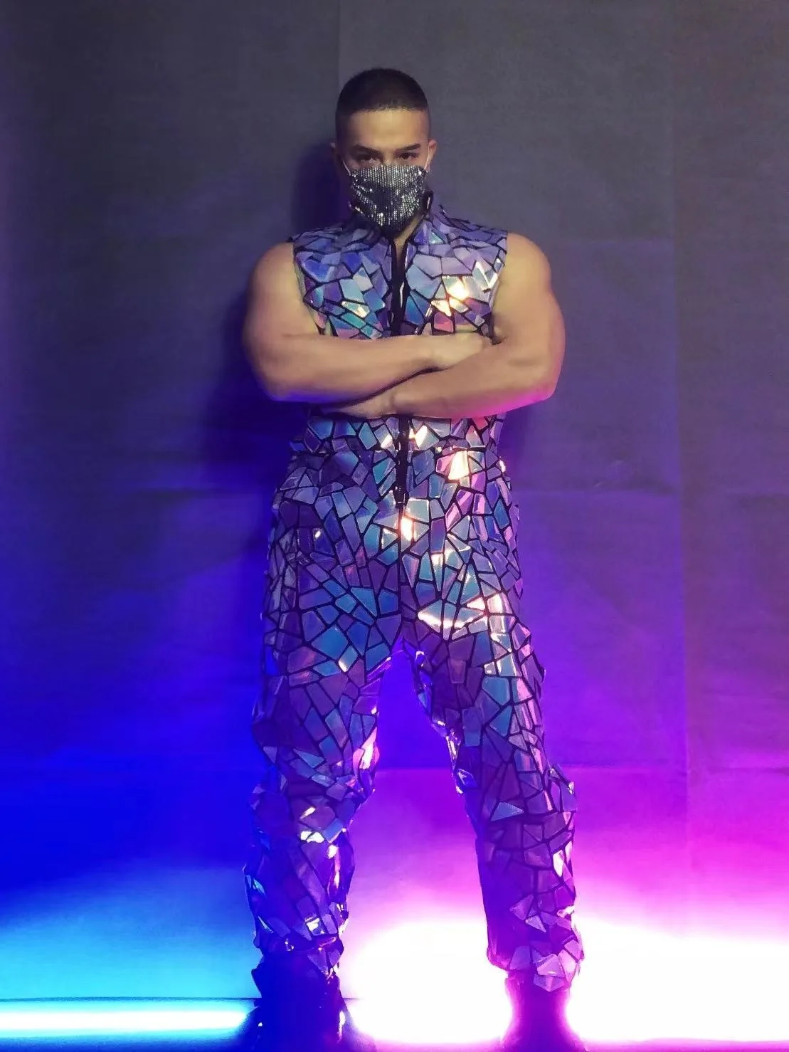 Hip Hop Dance Costume Men's Dancer Groups Singer Performance Glitter Laser Sequins Sleeveless Jumpsuit Bar Nightclub Stage Wear