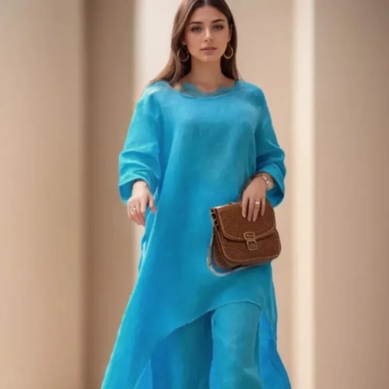 Cotton Linen Casual Irregular Two-Piece Set for Women Loose Wide Leg Pants Elegant Two-Piece Suit Tops Fashion 26030