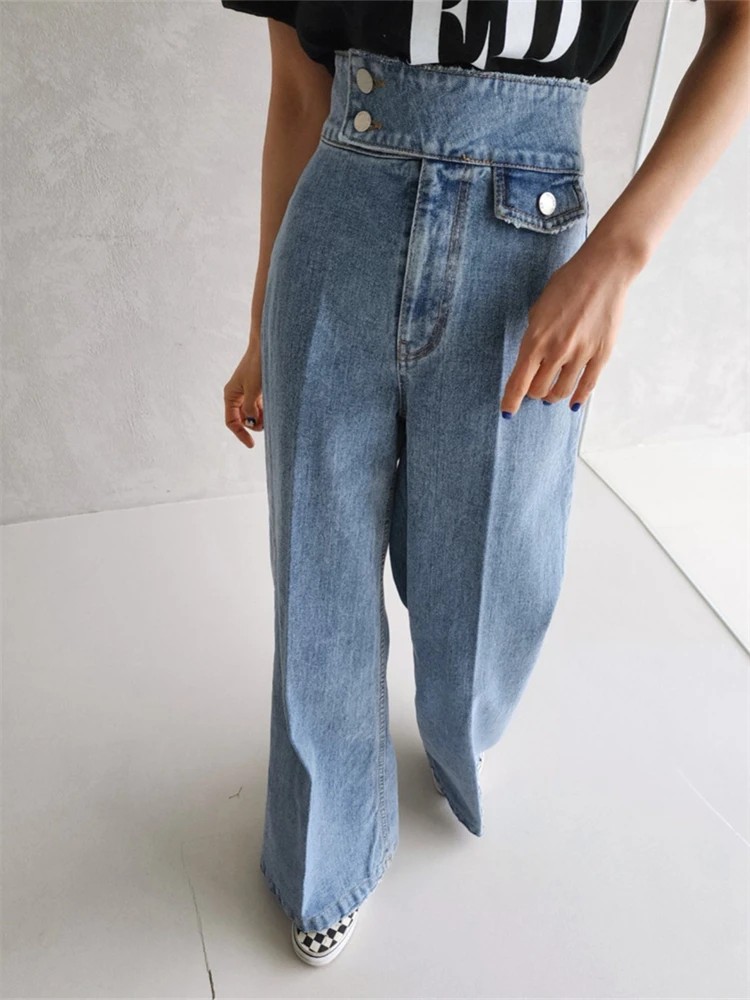 

Women's Two Diagonal Buttons Baggy Jeans Vintage Street Cool Girl High Waist Straight Loose Pants Female Casual Denim Trousers