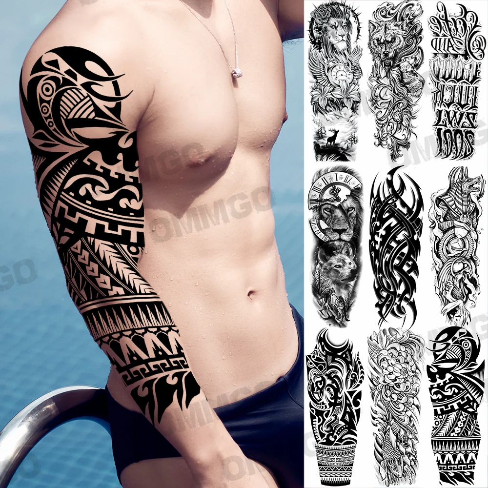 

Индийский тотем, большие временные татуировки для мужчин, реалистичные искусственные татуировки для взрослых с волком, цветком, наклейка для татуировки, моющиеся вручную татуировки, паста