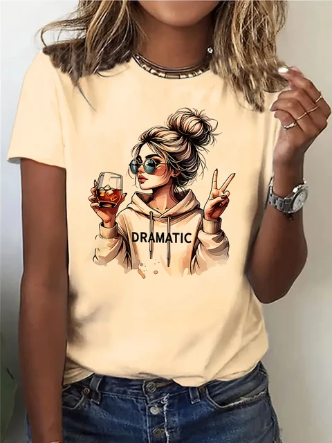Streetwear 90s Women'S Casual Graphic T-Shirt  "Dramatic" Print with Wine Print Short Sleeve T Shirt Clothing Top Tee 2