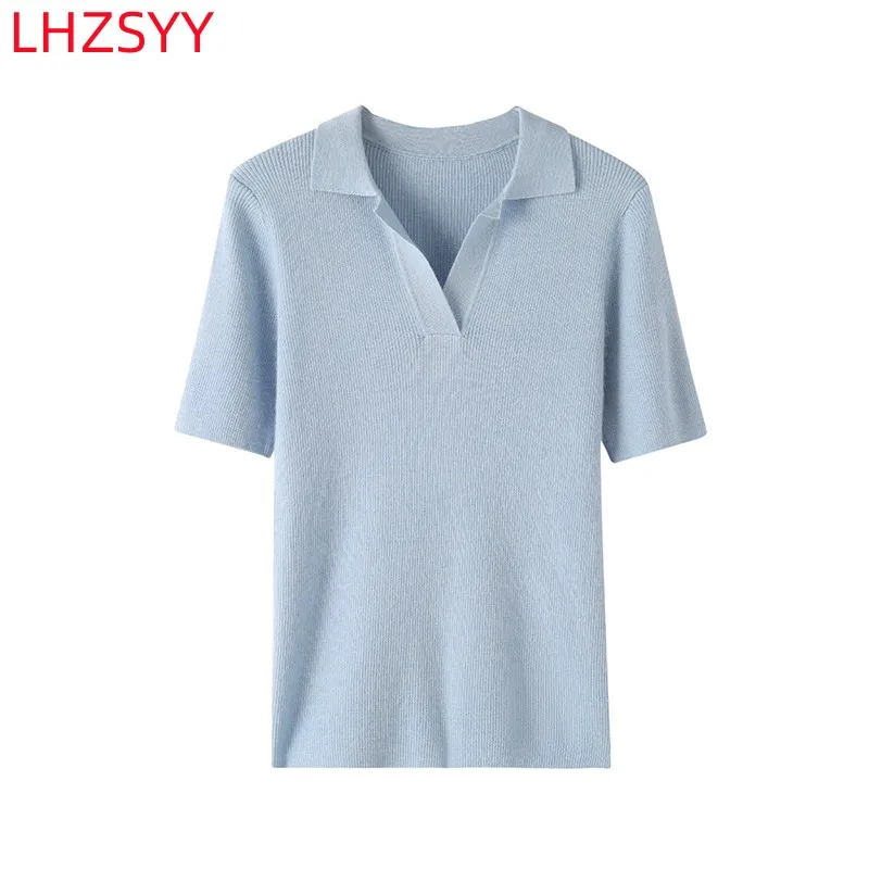 

LHZSYY Worsted Pure Cashmere Knit Short-Sleeved POLO Neck Women's Top Thin Slim-fit T-Shirt 2023 Summer All-Match Pullovers Vest