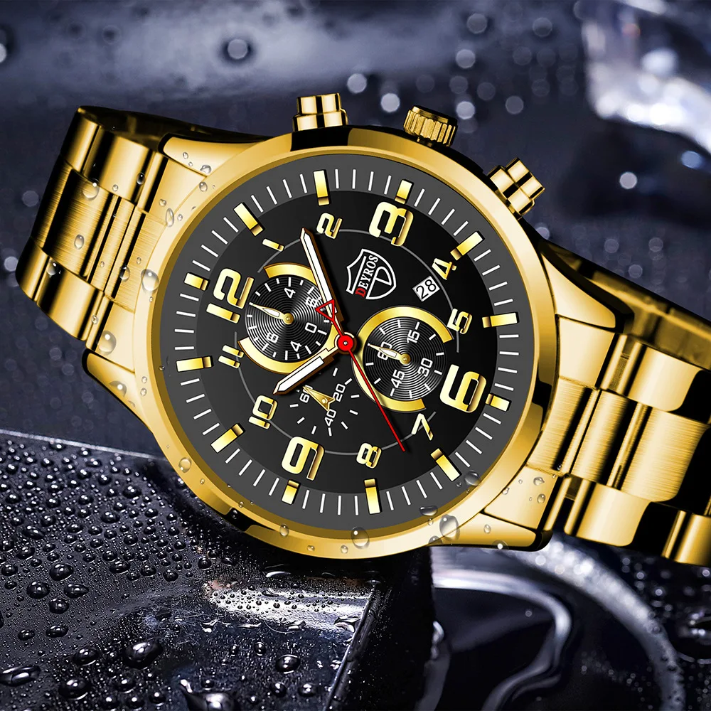 

Relogio Masculino DEYROS Gold Watch Big Dial Men's Watch Popular Luminous Calendar Steel Band Men's Casual Business Watch