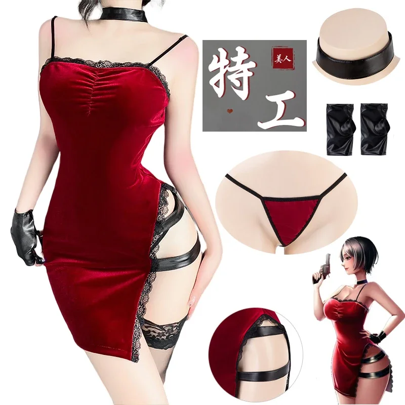 

Movie Ada Wong Dress Secret Service Robes Uniform Sexy Red Dress Lace Cheongsam Lingerie Outfits Halloween Costumes for Women