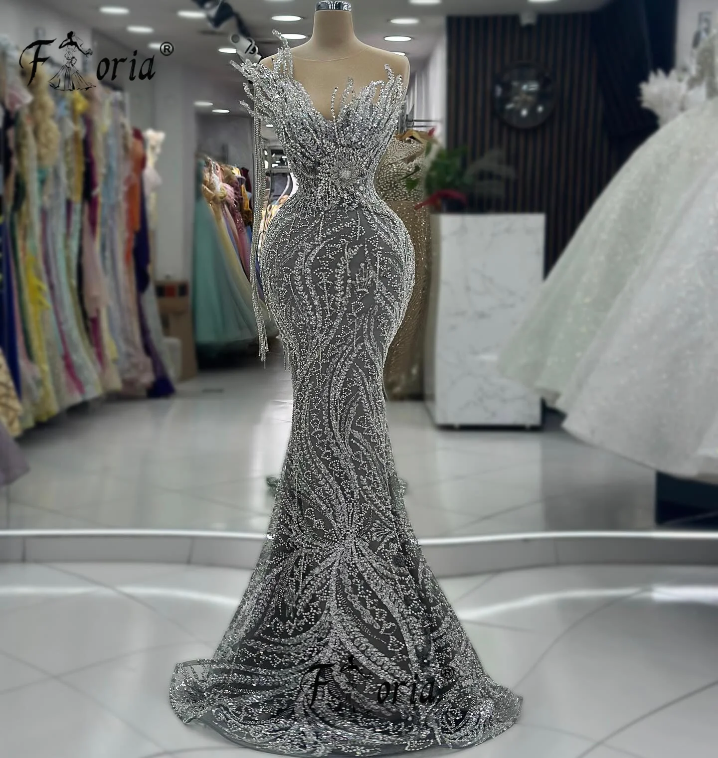 Silver Gray Beaded Mermaid Formal Evening Dress with Long Tassels 3D Handwork Tassels Sequin Wedding Party Dress robe de soirée
