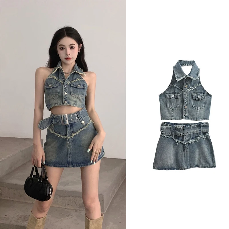 

2023 Denim Two Piece Sets Fashion Hot Girl Outfits For Women 2023 Summer Suit Set Suspender Crop Top Female Mini Skirt Woman