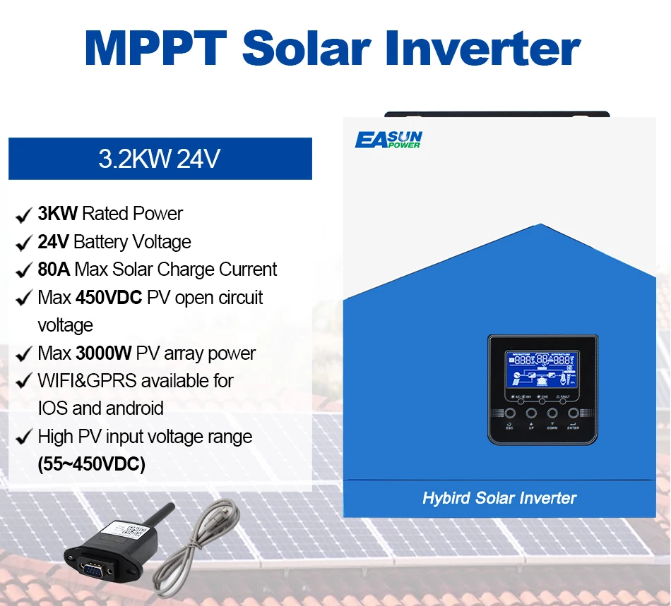 Easun Hybrid Solar Inverter 24V 3.2Kw Inverter A Onda Sinusoidale Pura Off Grid Build In 80A Mppt Charger 220V Max Pv 450V Supporto Wifi