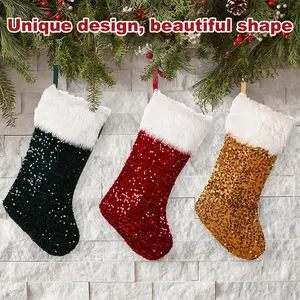 SDW004 рождественские носки с блестками, Плюшевые рождественские подарочные пакеты, декоративные принадлежности, подвесные подарочные носки с блестками для елки