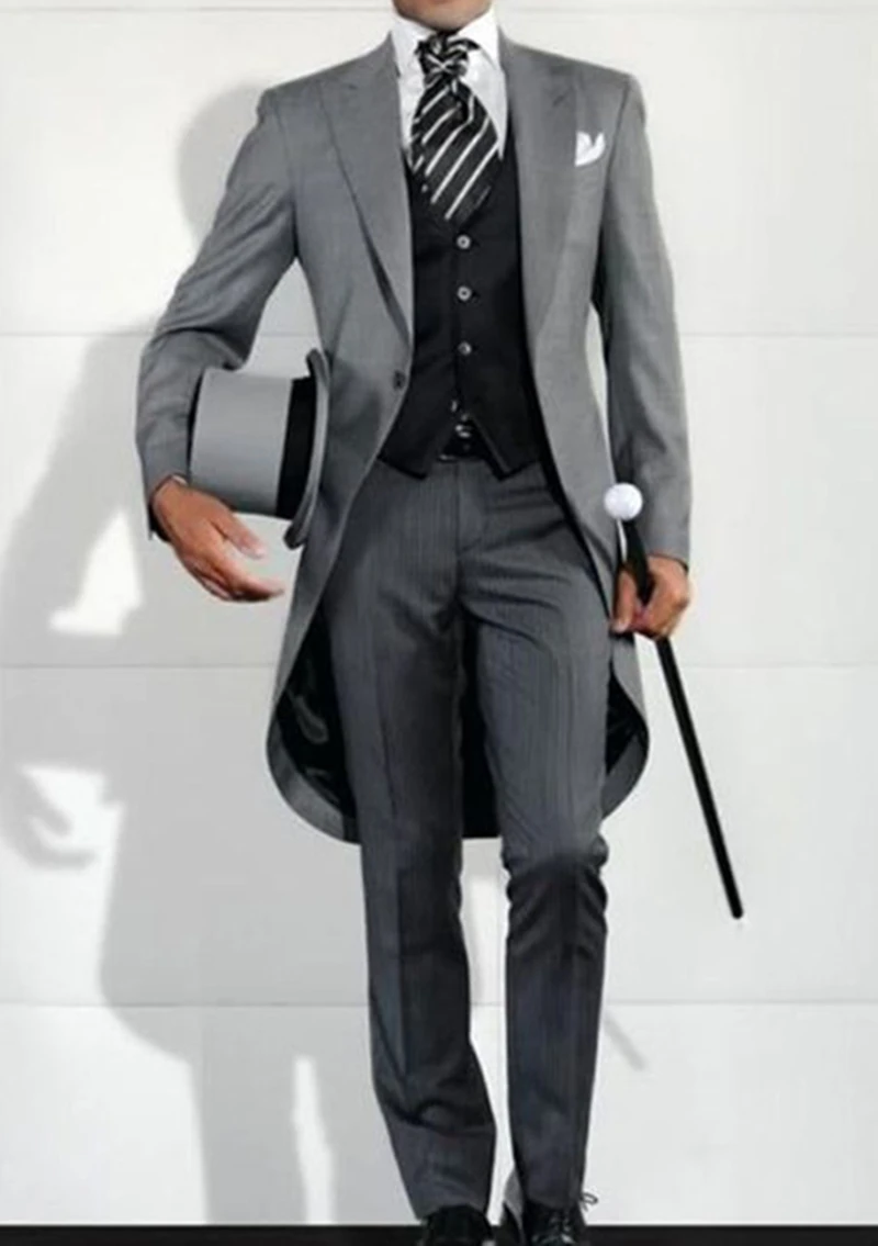 Grey Long Tail Coat 3 Pieces Gentleman Male Suit Men's Fashion Groom Tuxedo for Wedding Party Prom Jacket Vest with Pants