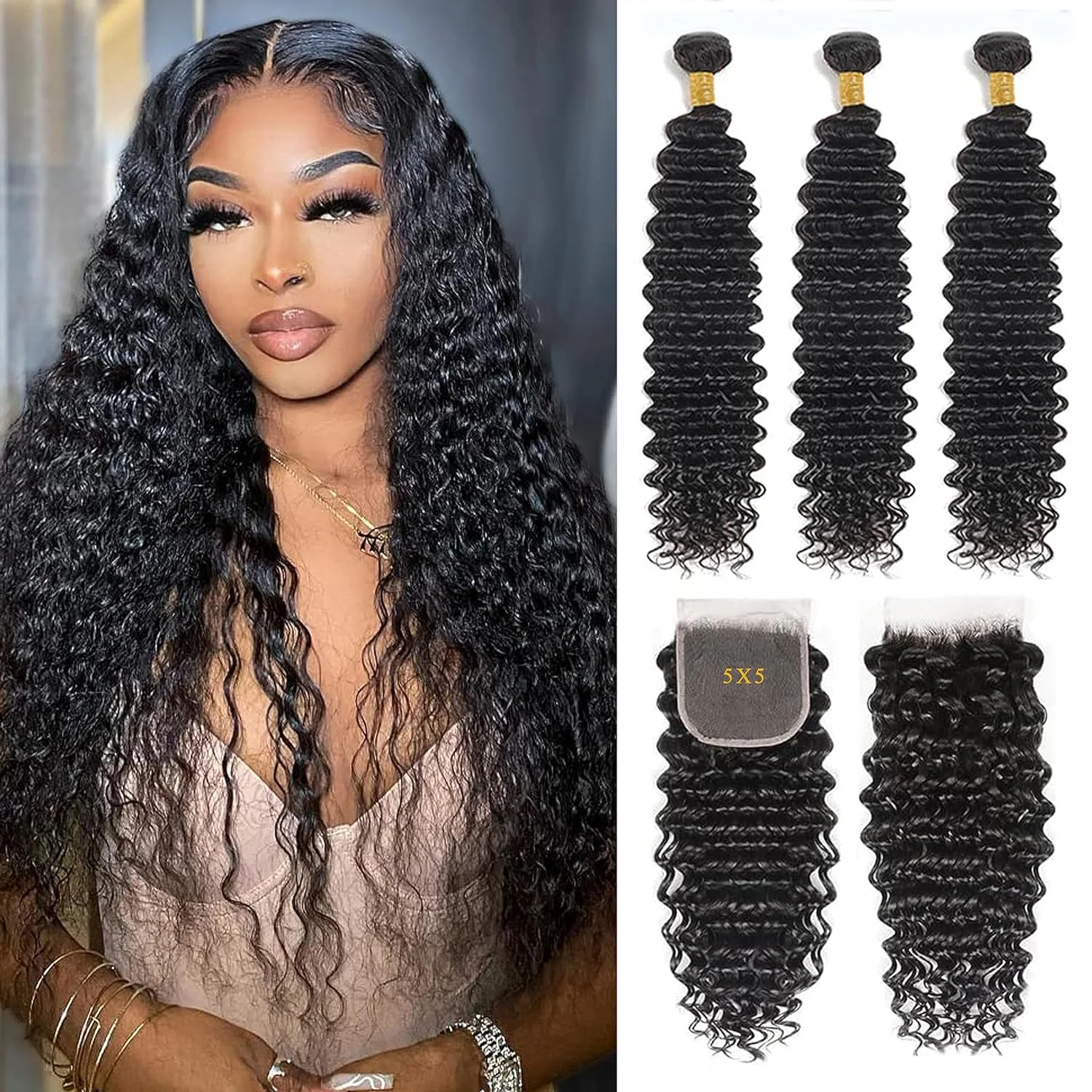 

5x5 Lace Closure With Bundles Brazilian Deep Wave Curly Hair Bundles With 4x4 Lace Closure Remy Human Hair Bundles With Closure