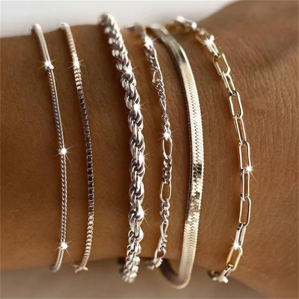 MEDFOLY 6Pcs Gold Bracelets Set for Women14K Real Gold Waterproof Thin Dainty Stackable Cuban Link Chain Fashion Jewelry Gifts 8