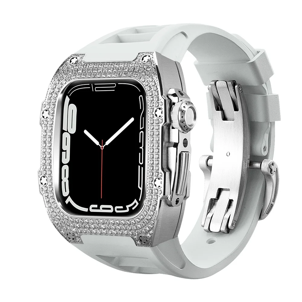 

Modification Kit For Apple Watch Series 8 7 6 SE 5 4 45mm 44mm Case Diamond Stainless Steel Case Rubber Band for iWatch 45mm