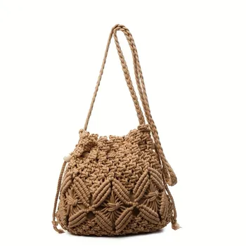 Borsa a secchiello in macramè boho, fatta a mano, con coulisse, borsa a tracolla estiva da spiaggia per donna