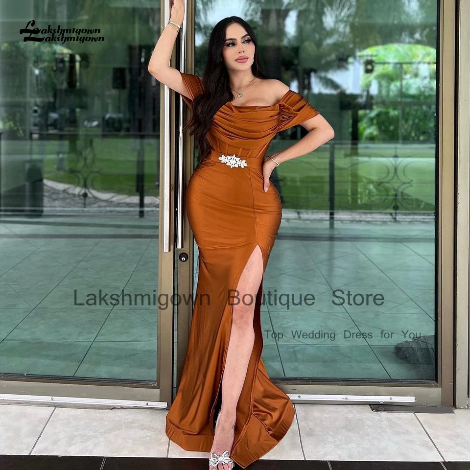 

Lakshmigown Simple Gold Mermaid Evening Gowns Off Shoulder 2024 Robe Longue Spandex Formal Guest Wedding Party Gowns