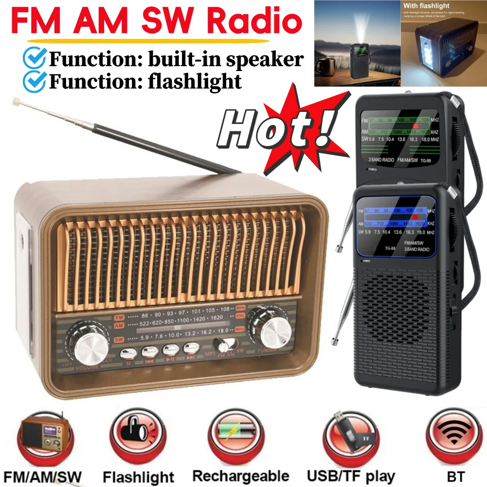 606AC Retro AM/FM/SW Portable Radio, Battery Operated Vintage Multi Functional Radio With Built In Speaker And Flashlight - View #8