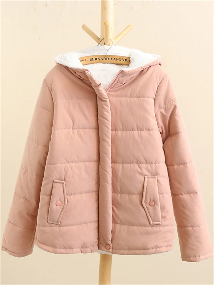 

Parkas Coat Women Pink M-3XL Hooded Bread Cotton Clothing 2022 Autumn Winter New Fashion Loose Long Sleeve Add Velvet Warmth Top