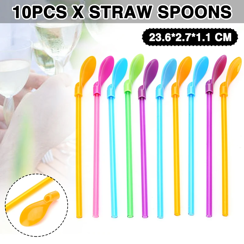 10PCS 2 in 1 Plastic Spoon Straws Drinks Milk Cereal Smoothies Straw