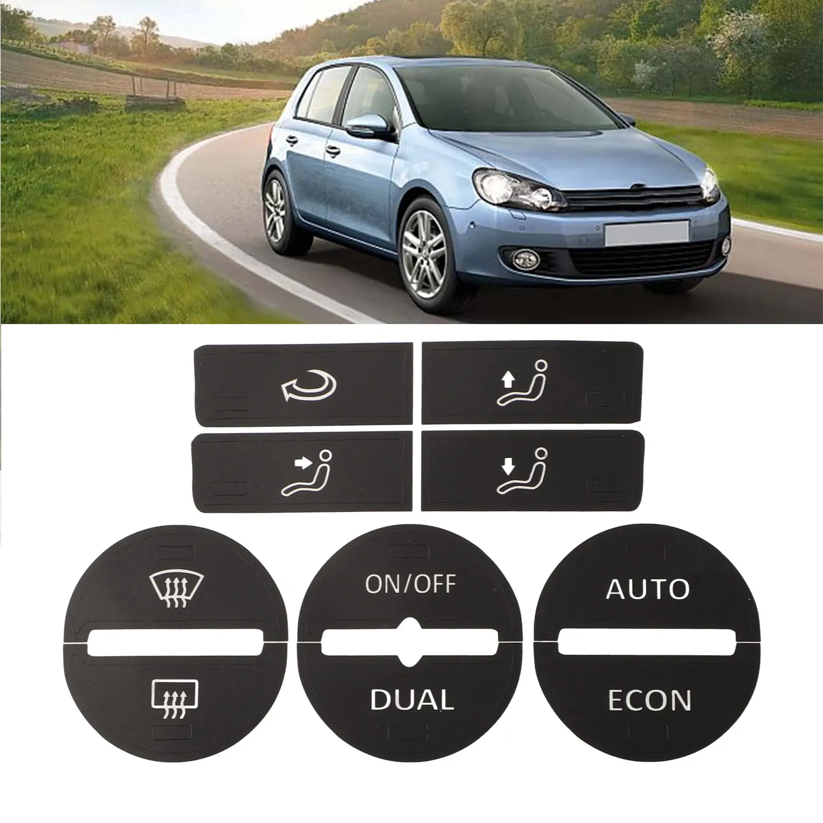 

Fade Resistant AC Control Button Worn Repair Kit Decals Stickers for GOLF Mk5 0408 Black Overlay with White Characters