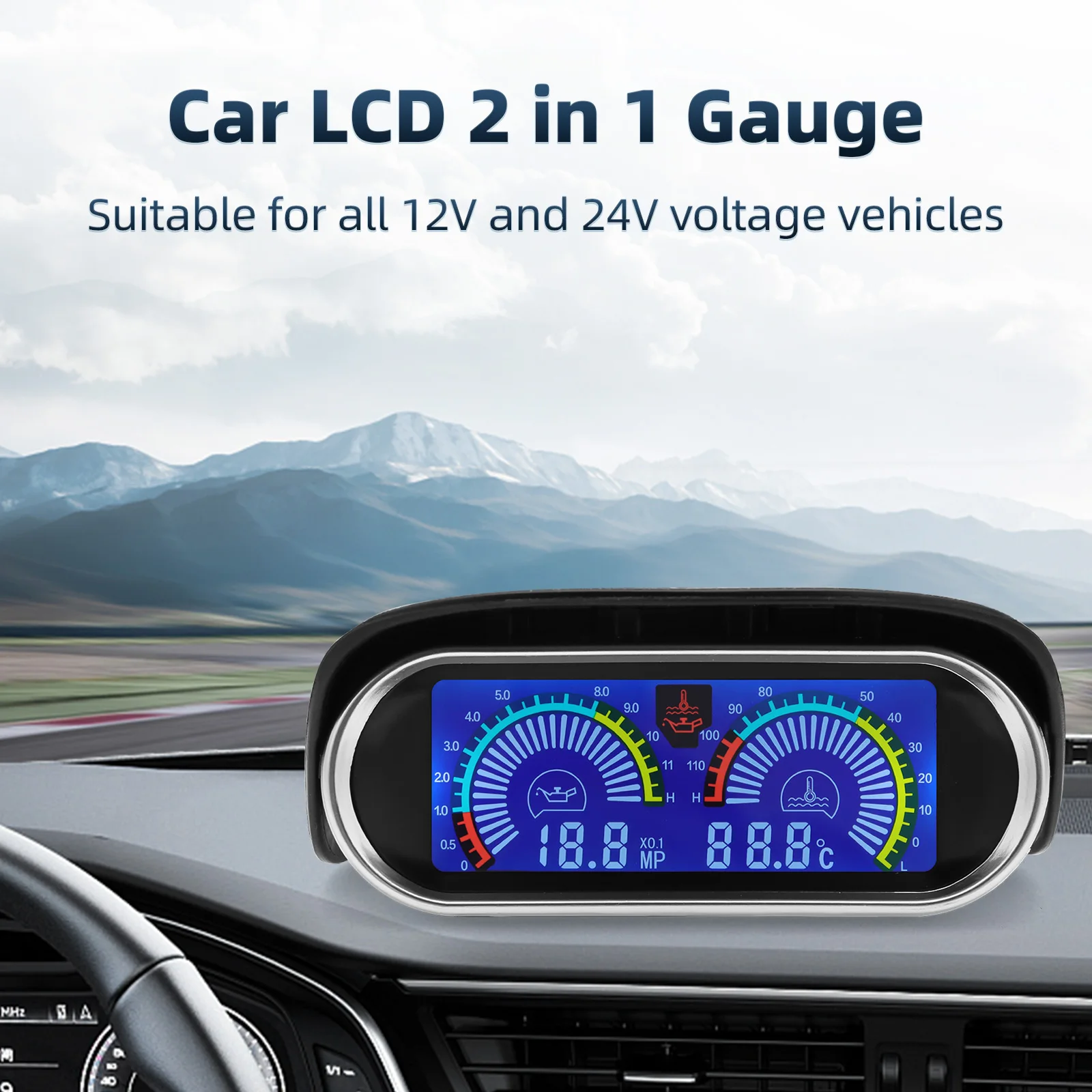 Universal 2 in 1 Car Gauges Digital Oil Pressure Gauge + Water Temperature Gauge