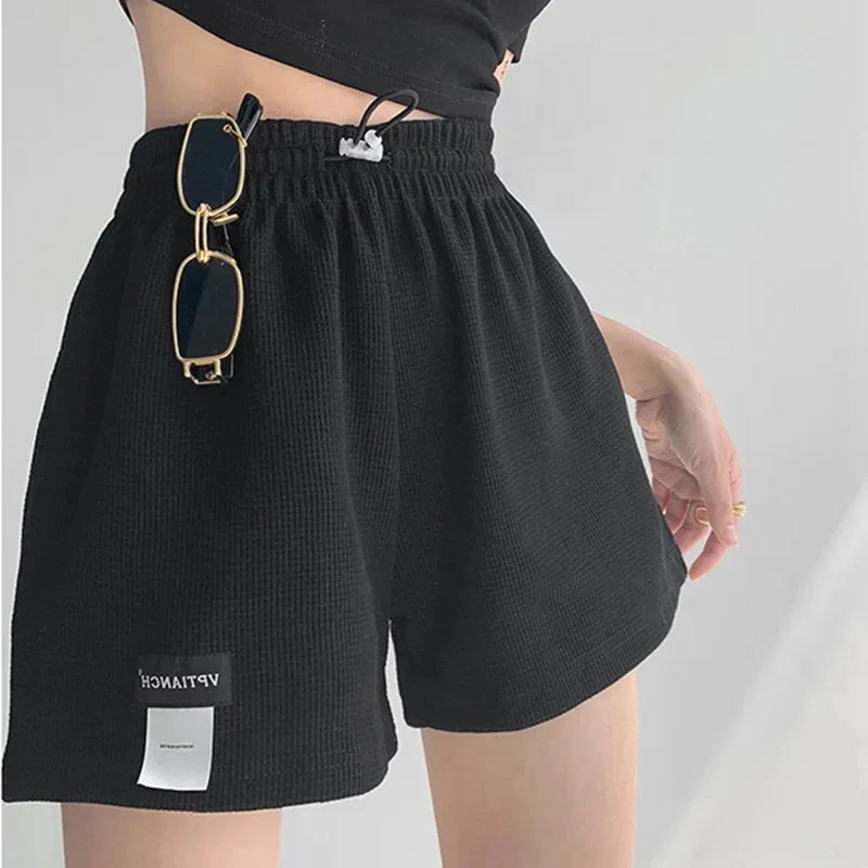

Waffle Women's Shorts 2022 Trend High Waisted Black Shorts Casual Aesthetic Elastics Pockets Loose Summer Women's Clothing