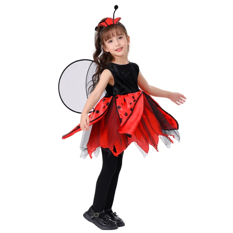 Cosplay Costume Kids Girls Dress Halloween Dress Outfit Animal Tutu Skirt Outfit 2025 Animal Costume for Girls Sleeveless Round Neck Dress + Wing + Headband Bee Ladybug Outfit 4T-10T
