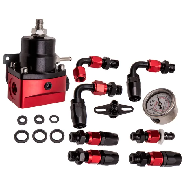 Adjustable Fuel Pressure Regulator Kit 0-100PSI + AN6 Fitting Hose End red - - Racext 1