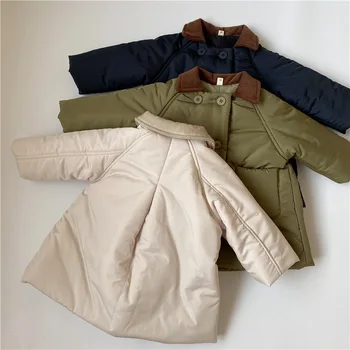 남아 및 여아용 단색 롱 코튼 패딩 재킷, 턴 다운 칼라 코듀로이 두꺼운 가디건, 따뜻한 편안한 겉옷 코트